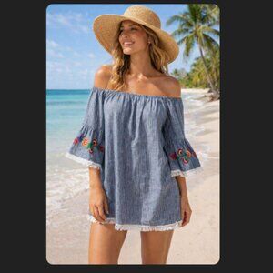 Linen Blend Striped Floral Dress Loose Embroidered Fringe BeachLunchLounge XS